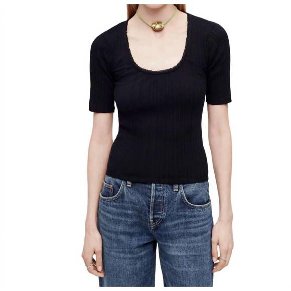 NEW RE/DONE pointelle scoop neck tee top in black - Picture 1 of 2